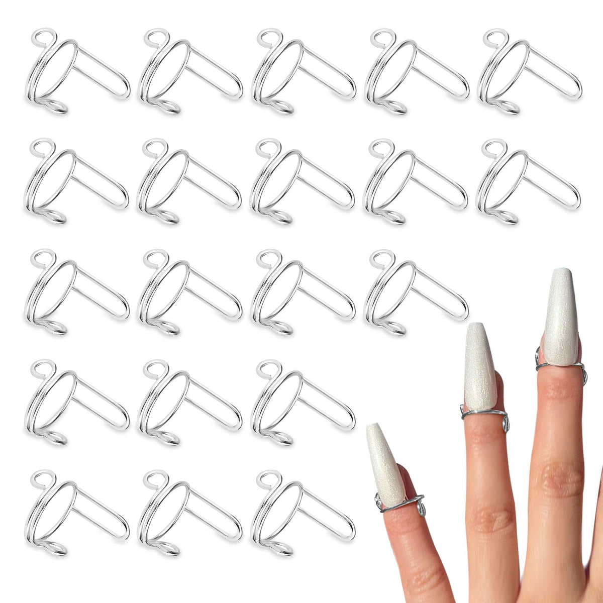 Bagentry 20 Pieces Detachable Nail Rings Silver, Adjustable Fingernail Rings for Women Girl Gift, Reusable No Glue Metal Nails for Fingers Art Decoration (Silver)
