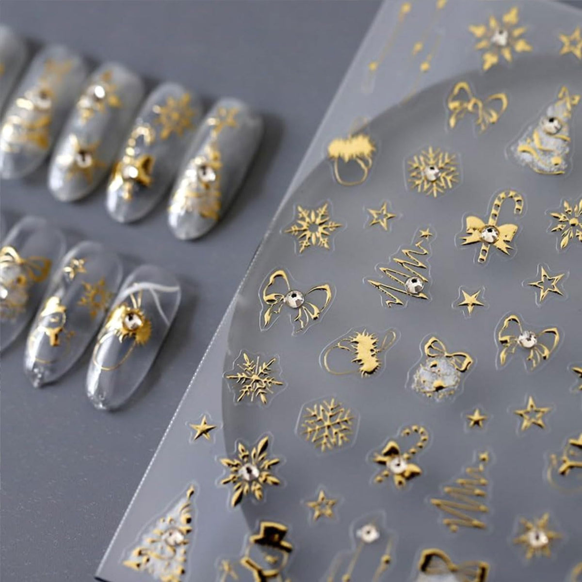 Christmas Nail Art Stickers Gold Nail Stickers Snowflake Snowman Xmas Tree Nail Decals Star Bow with Rhinestones Design 5D Embossed Nail Art Supplies for Winter Holiday Manicure Decorations