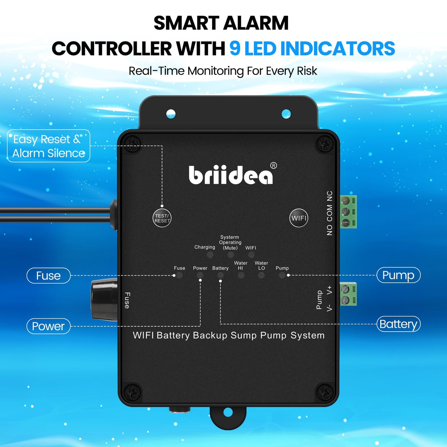 Briidea Battery Backup Sump Pump System for Basement, 2.4G & 5G WiFi, 9 LED Indicators, Smart Alarm, Electronic Water Level Sensor, 12V Battery Compatible (Battery Not Included)