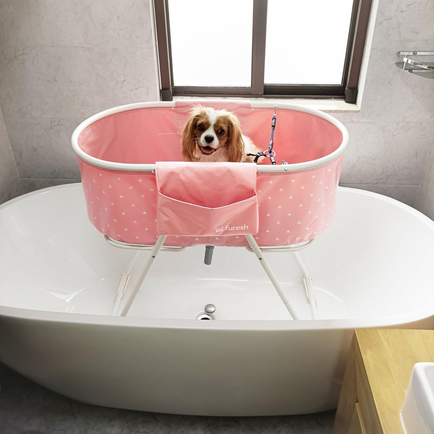 Furesh Little Dipper Dog Bath Tub and Wash Station for Bathing Shower and Grooming, Elevated Foldable and Portable, Indoor and Outdoor, for Small and Medium Size Dogs, Cats and Other Pet (Pink)