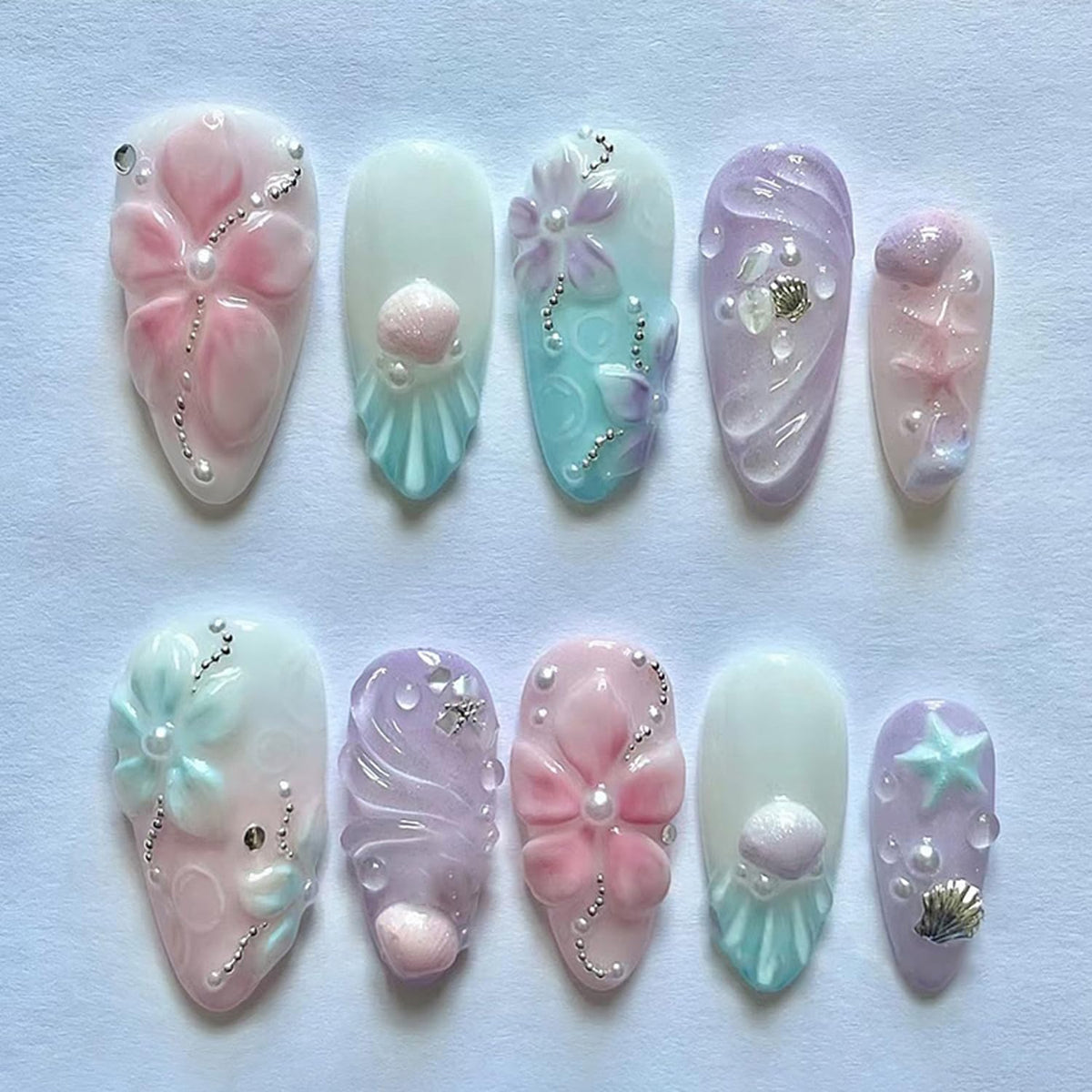24Pcs Colorful Flower Press on Nails Medium Almond Fake Nails with Flower Pearl Starfish Design French Tip False Nails Shell Summer Glue on Nails Cute Artificial Stick on Nail for Women Manicure