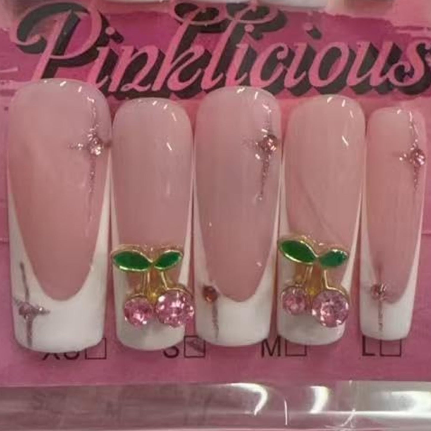 Pinktlicious Pink French Tip Press On Nails - Long Coffin Reusable False Nails with Cherry Rhinestones, Glue-On Artificial Nails for Women’s Daily & Party Manicure (S)