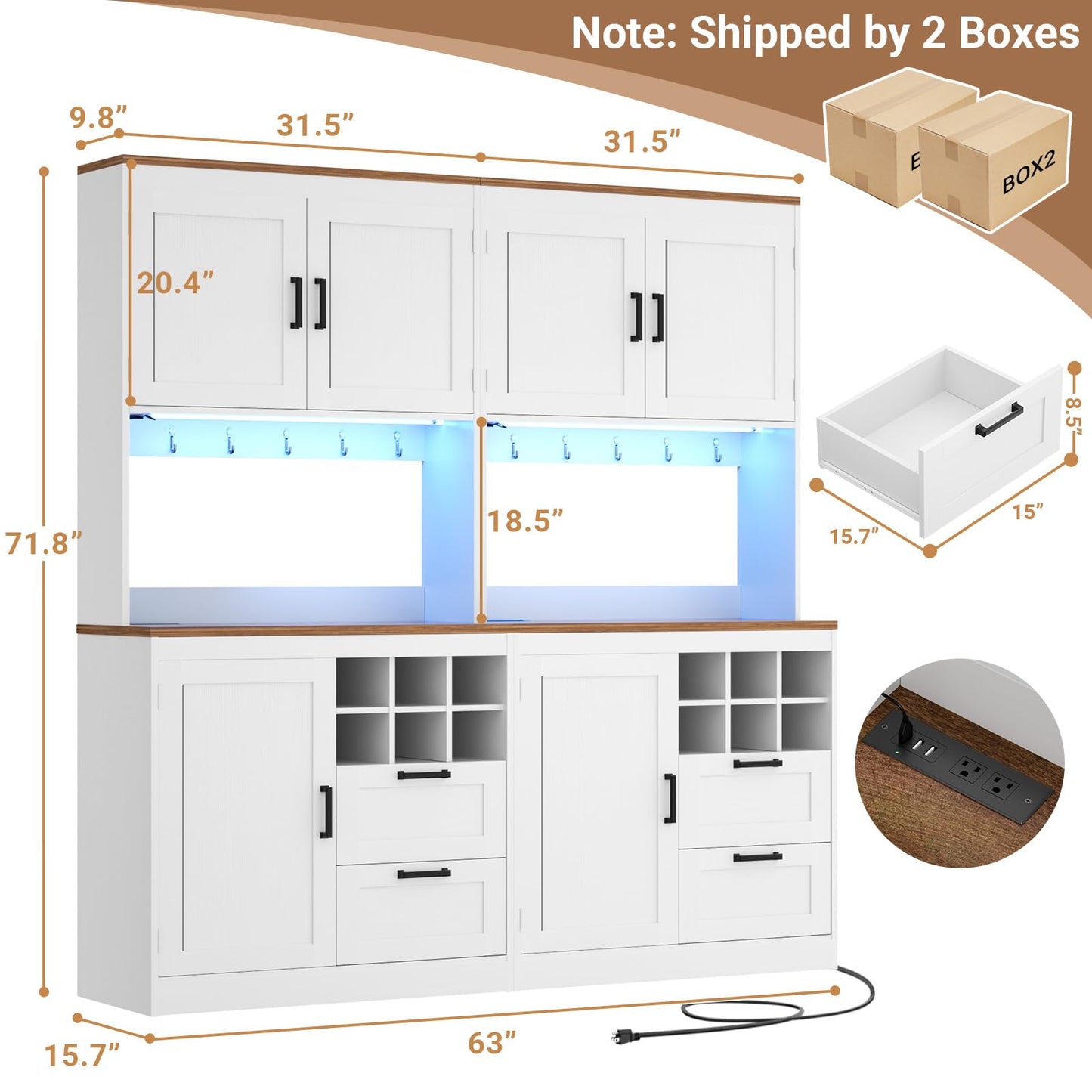 Unikito 72" Tall Pantry Cabinet, Kitchen Pantry Storage Cabinet with LED Light & Outlet, 63" Wide Kitchen Hutch Bar with Microwave Stand, Drawers, Wine Rack & Shelves, Cupboard for Dining Room, White