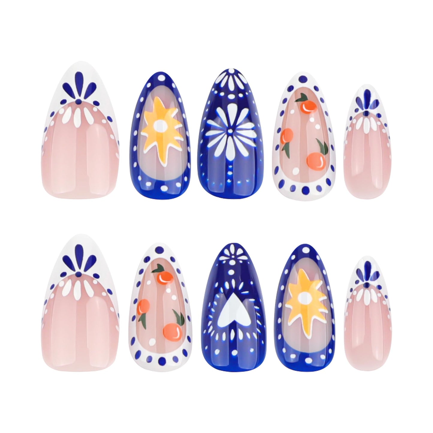 ORZOLATENT Boho Floral Tips Press-On Nails – Hand-Painted Blue & White Floral, Cherry Design, Long-Lasting Gel, Easy DIY
