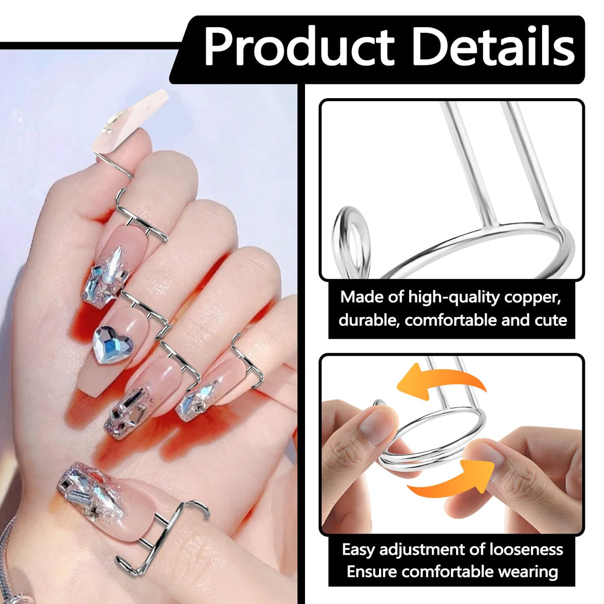 Bagentry 20 Pieces Detachable Nail Rings Silver, Adjustable Fingernail Rings for Women Girl Gift, Reusable No Glue Metal Nails for Fingers Art Decoration (Silver)