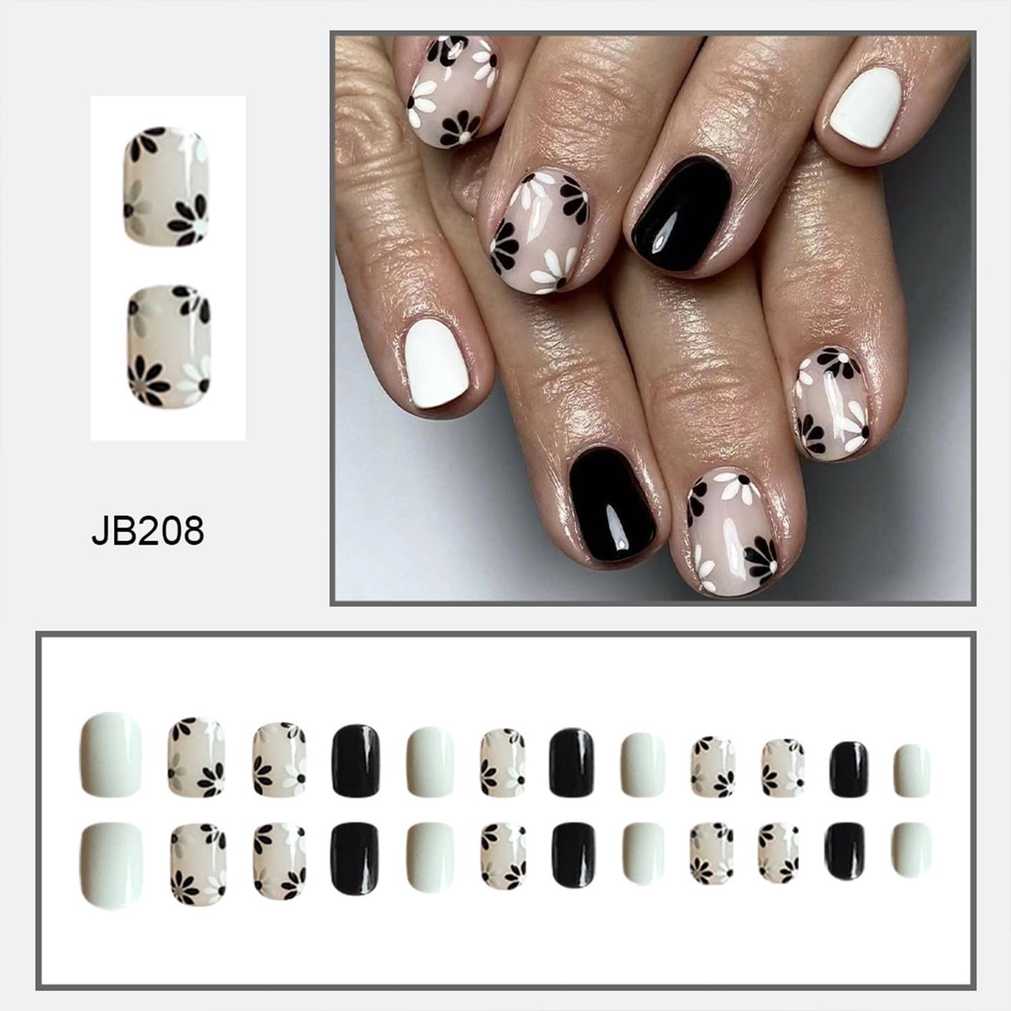 Tyuimhx Flowers Press on Nails Square Short Fake Nails White & Black Daisy Designs False Nails Glossy Full Cover Stick on Nails Acrylic Floral Artificial Nails for Women Girls Glue on Nails 24Pcs
