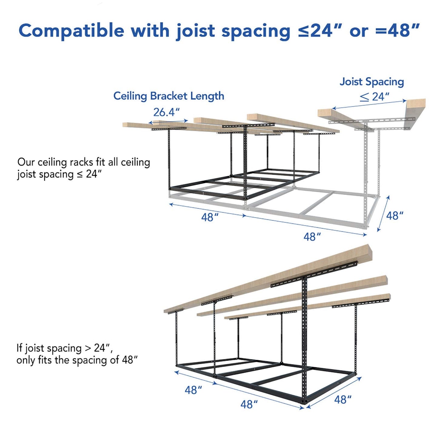 FLEXIMOUNTS 4x8 Overhead Garage Storage Rack without Decking, plus 2-Pack 2x4ft Wall Shelving Rack for Bikes and Tools, 450lbs+440lbs Capacity, Heavy-Duty Garage Organizer, Black
