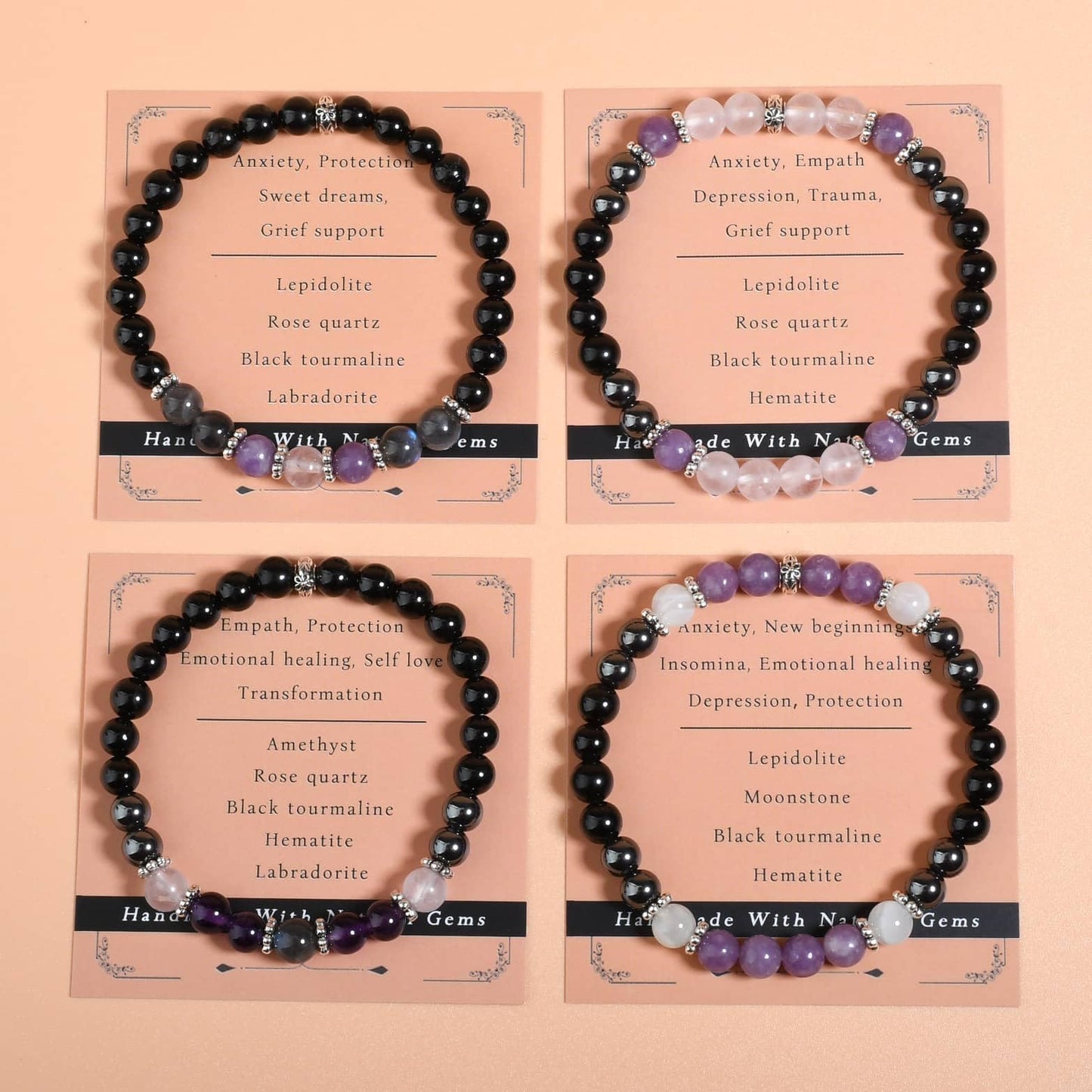 Gracayfr Anxiety Relief Bracelet Protection Black Tourmaline Labradorite Lepidolite Rose Quartz Healing Crystal Grief Support Gifts Items Jewelry Women Lepi Ros Labra
