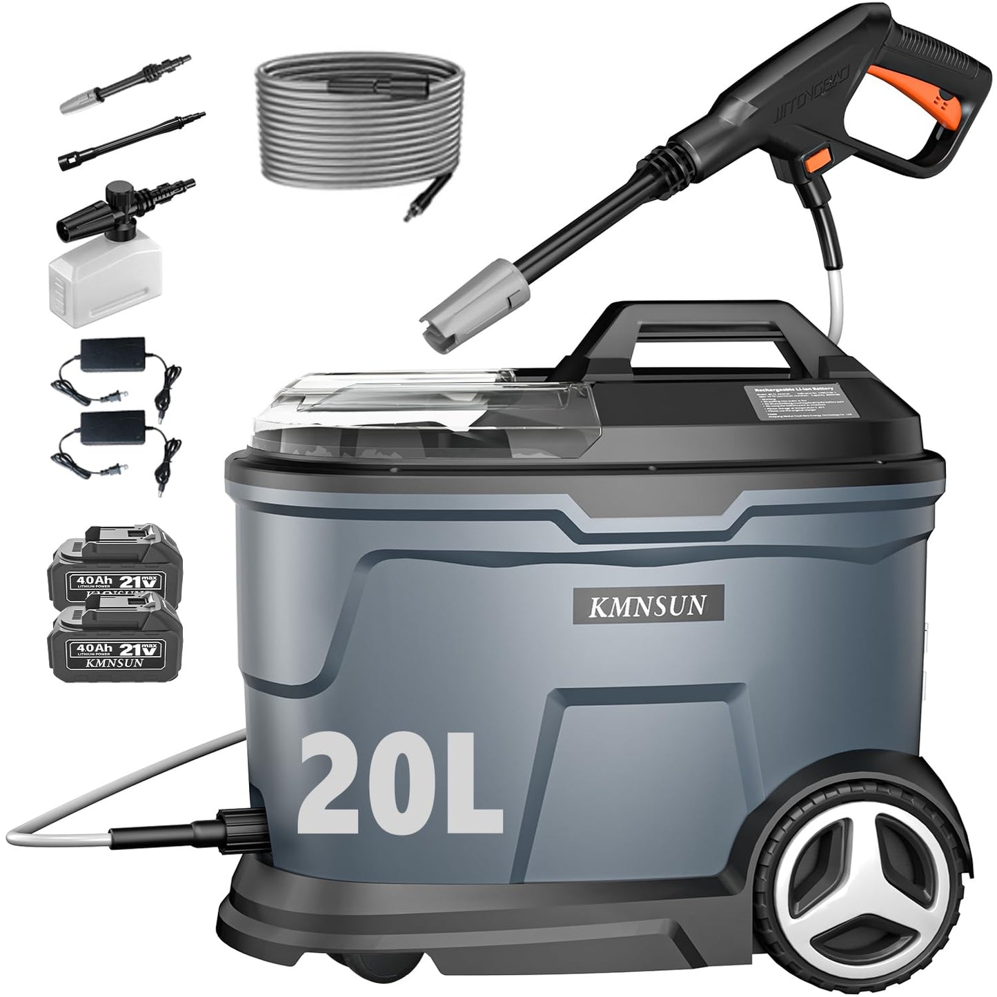 KMNSUN Portable Pressure Washer, Cordless Pressure Washer with 5.28 Gallon Tank, Max 870 PSI, 2 x 4.0Ah Battery, 2 x Chargers, Extension Rod, Suitable for Car Washing, Outdoor Rinsing, Pet Cleaning