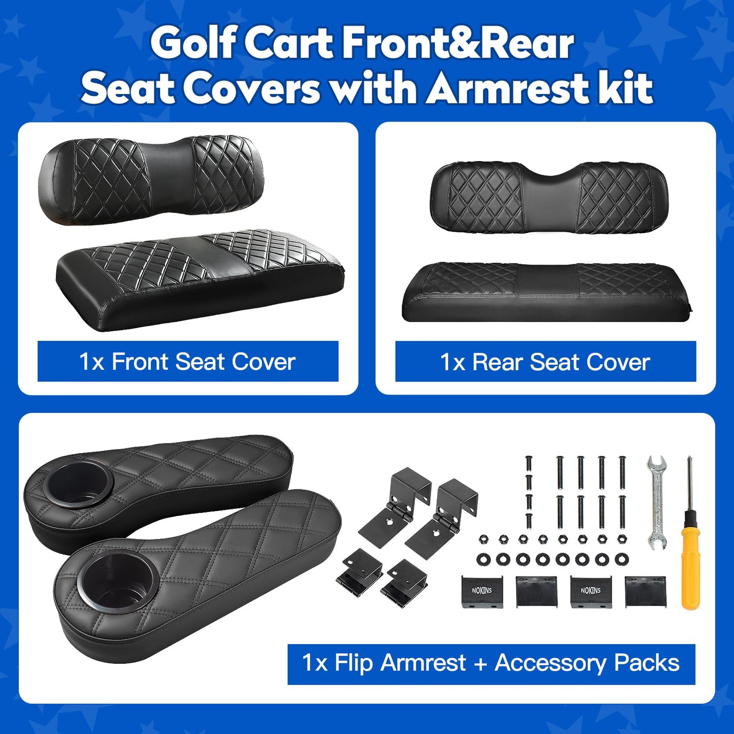 NOKINS Golf Cart Seat Covers for Club Car DS 2000.5-Up,Vinyl Front&Rear Seat Cover with Flip-Up Armrests kit,with Cup Holder, for 1" Square Tube(Black&Black Stitching)