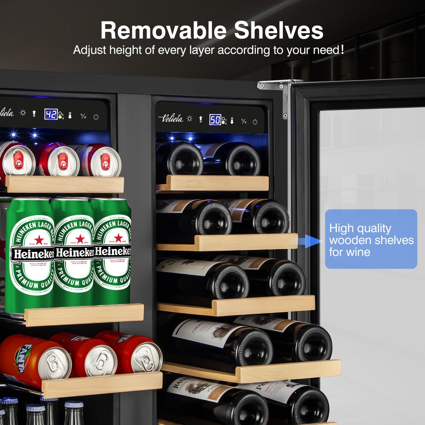 Velieta 24 Inch Upgraded Wine and Beverage Refrigerator– Dual Zone Beverage Cooler with Glass Door | Under Counter or Freestanding | Large Capacity, Advanced Cooling System & Carbon Purification