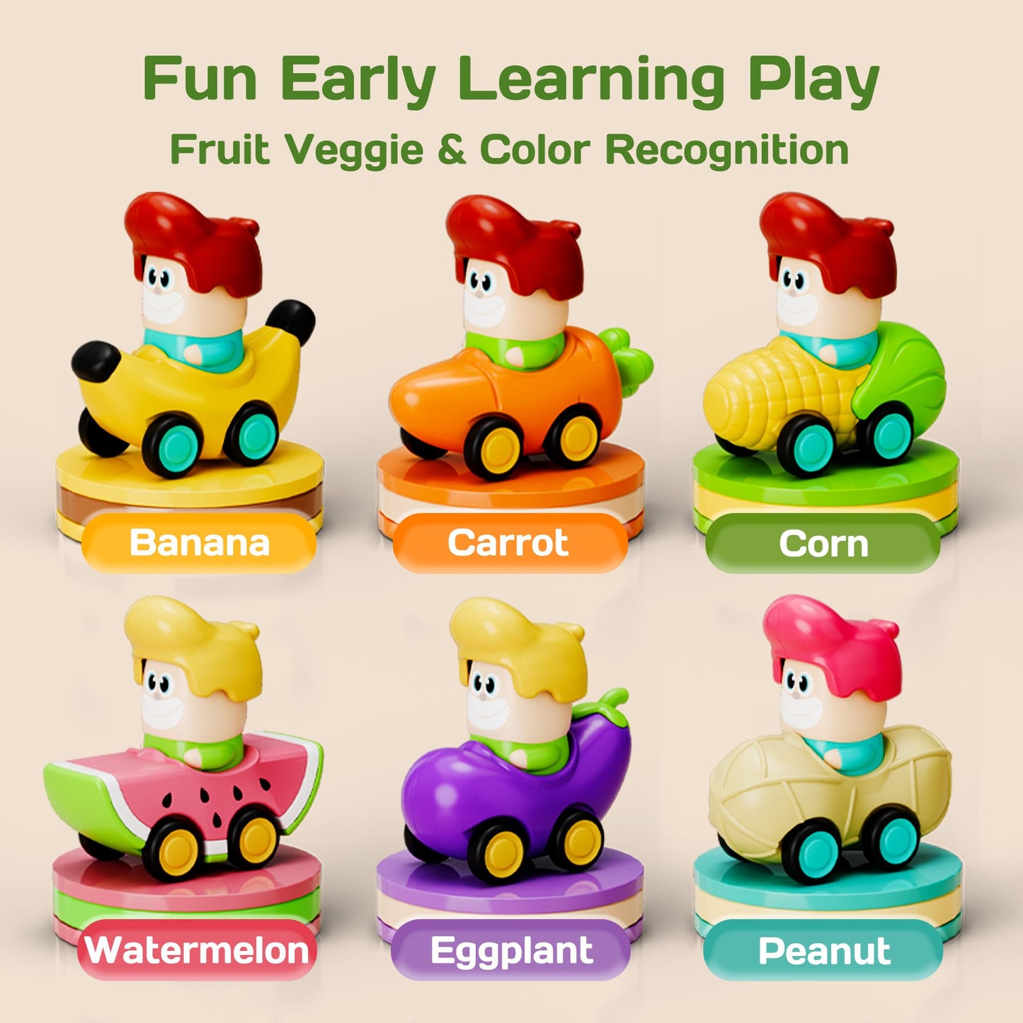 iPlay, iLearn Press to Go Car Toys for Toddlers 1-3, Baby Fruit Racing Cars, Infant Play Vehicle Set, Baby Push Go Friction Car Toys for 18 24 Month, 1st Birthday Gifts for 1-2 Year Old Boys Girls Kid