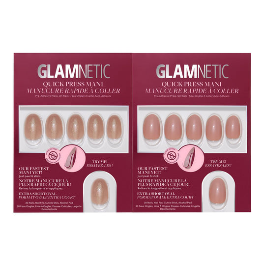 Glamnetic Quick Press Mani Bundle - No Glue Press On Nails, Just Peel and Stick | Sparkly Brown & Teddy | Mess Free Salon Quality Stick On Nails | Oval Extra Short Nails