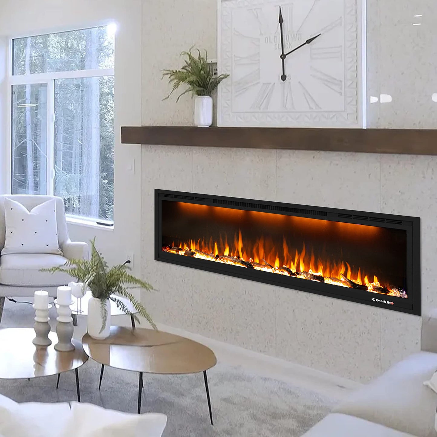 Dreamflame 86 inch Electric Fireplace, Smart Fireplace Insert recessed in Wall and Wall Mounted fire Place Heater with Metal Frame, Multicolor Flame & Realistic logs，Thermostat& Timer, 1500W, Black