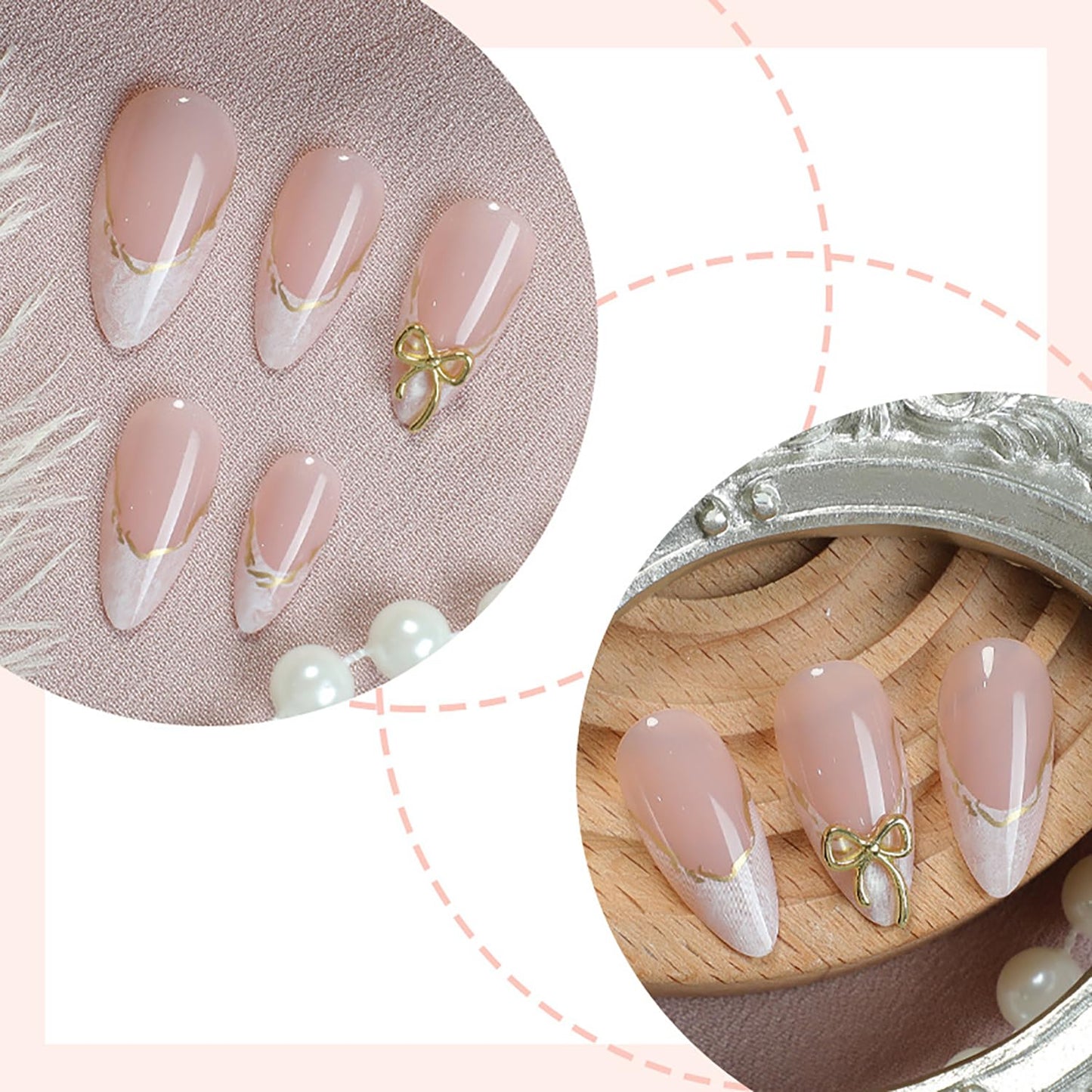 French Tip Press On Nails Almond Medium Fake Nails Nude Pink False Nails With Gold Bow Designs Acrylic Nail Press Ons Full Cover Glue On Nail Reuseable Stick On Nails For Women 24Pcs