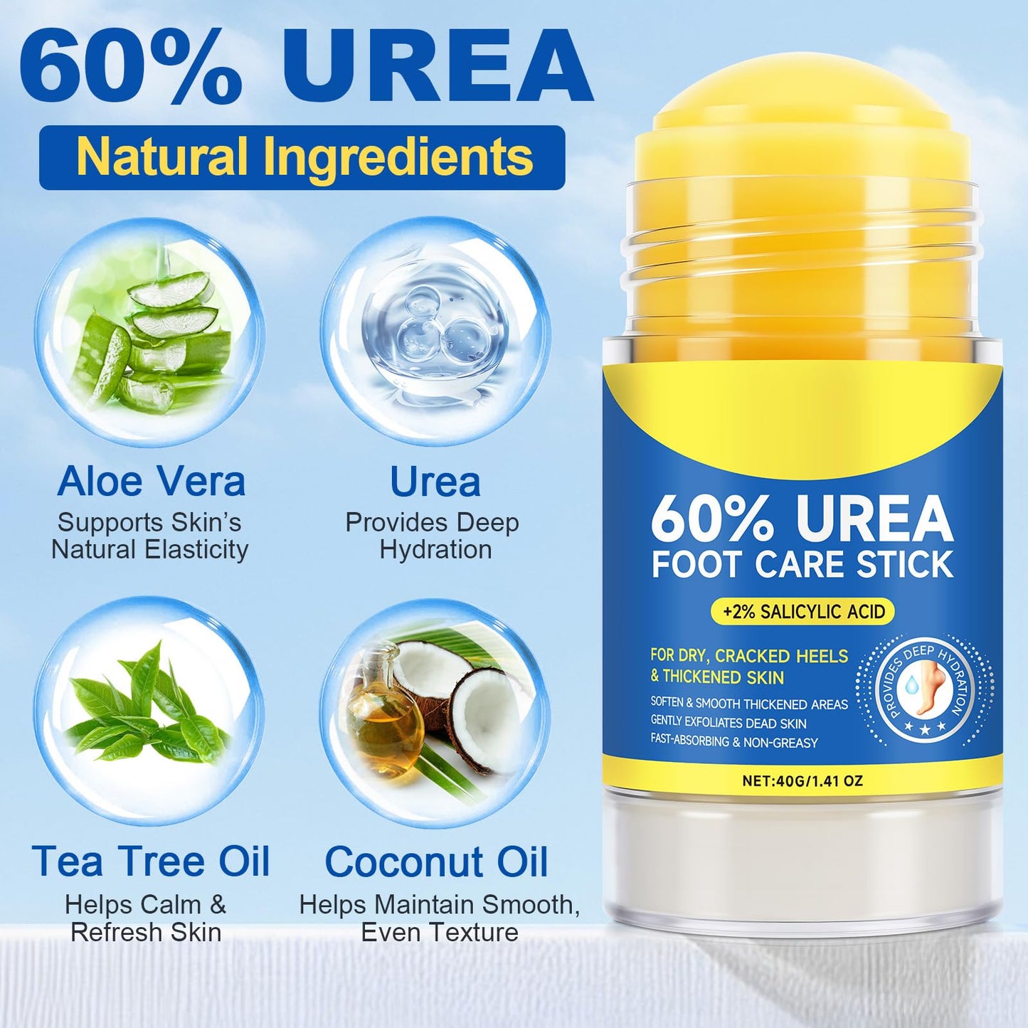 Urea Foot Care Stick - 60% Urea with 2% Salicylic Acid, 1.41oz - Moisturizer for Dry Cracked Feet,Knees,Elbows & Hands,Hydrating Cream,Callus Remover & Skin Softener,Soothes & Repairs Dry Skin