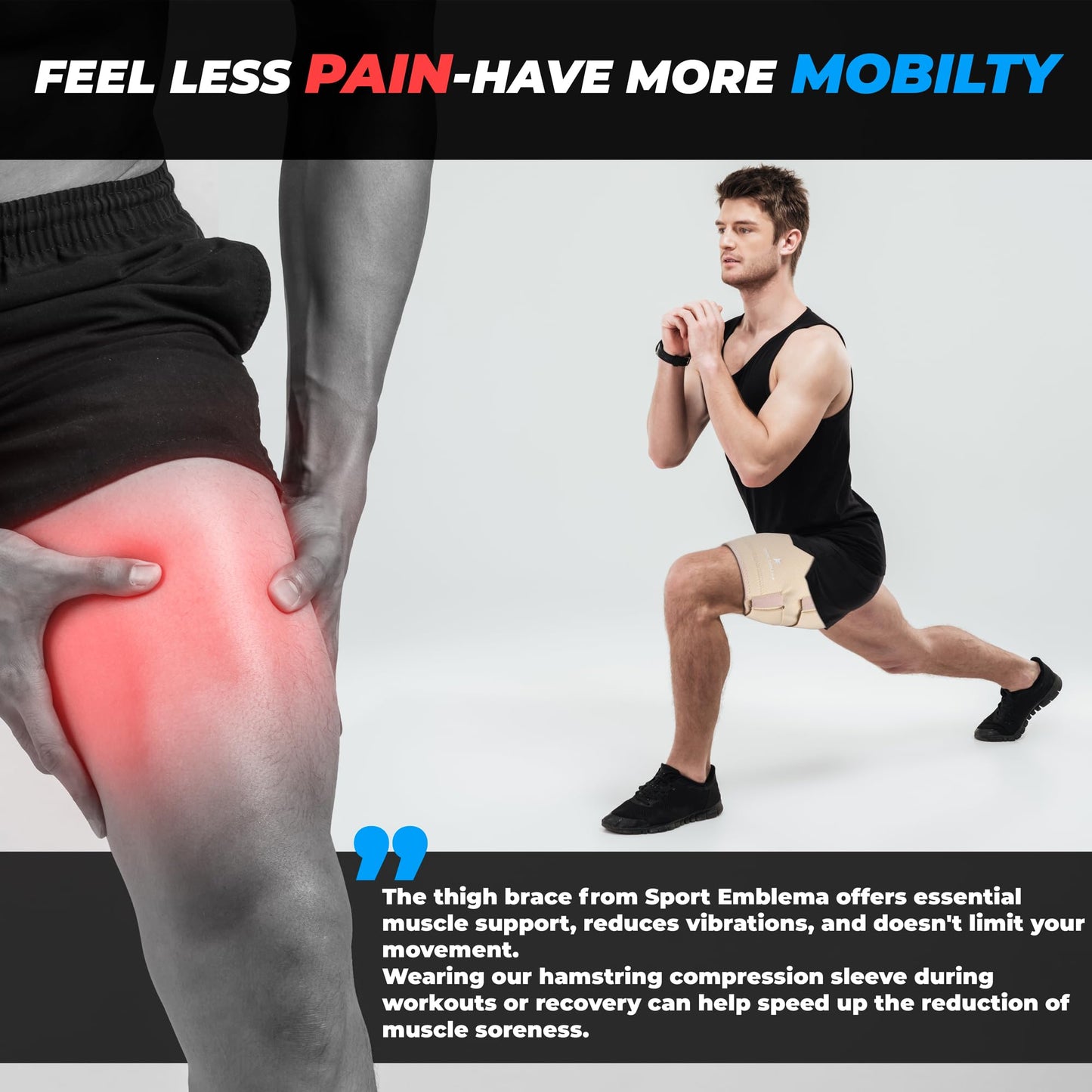 SportEmblema 2026 Upgraded Thigh Compression Sleeve for Men & Women, Sturdier Non-Slip Hamstring Compression Wrap for Quad & Leg Support, Hook and Loop Thigh Brace for Pulled Muscle, Fits 16"-24""-Skin"