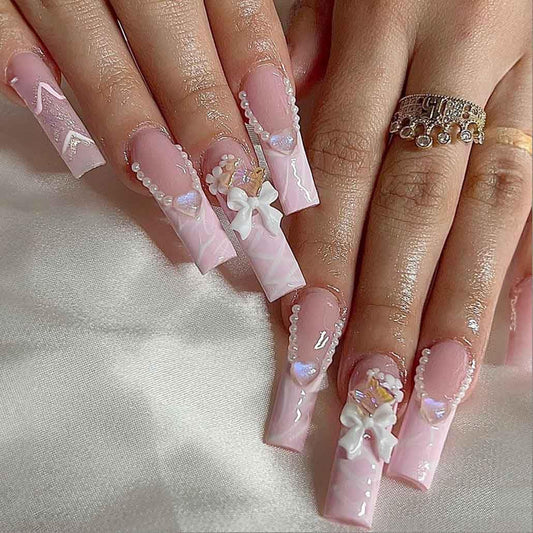 Foccna Pink Press on Nails Long,3D Pearl Fake Nails Square Bling Glossy Rhinestone False Nail Tips Artificial Nails for Women and Girls-24pcs