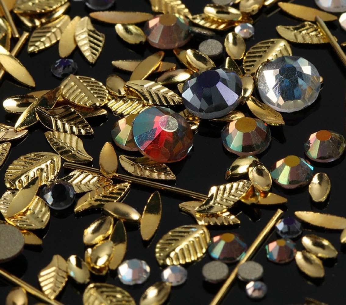 Chunmeng 3D Metal Nail Gems for Acrylic Nail Supplies, Holographic Gold Line Leaf Gems Sparkle Shape Design Decals DIY Manicure Jewelry Accessories for Women Girls Nail Decor