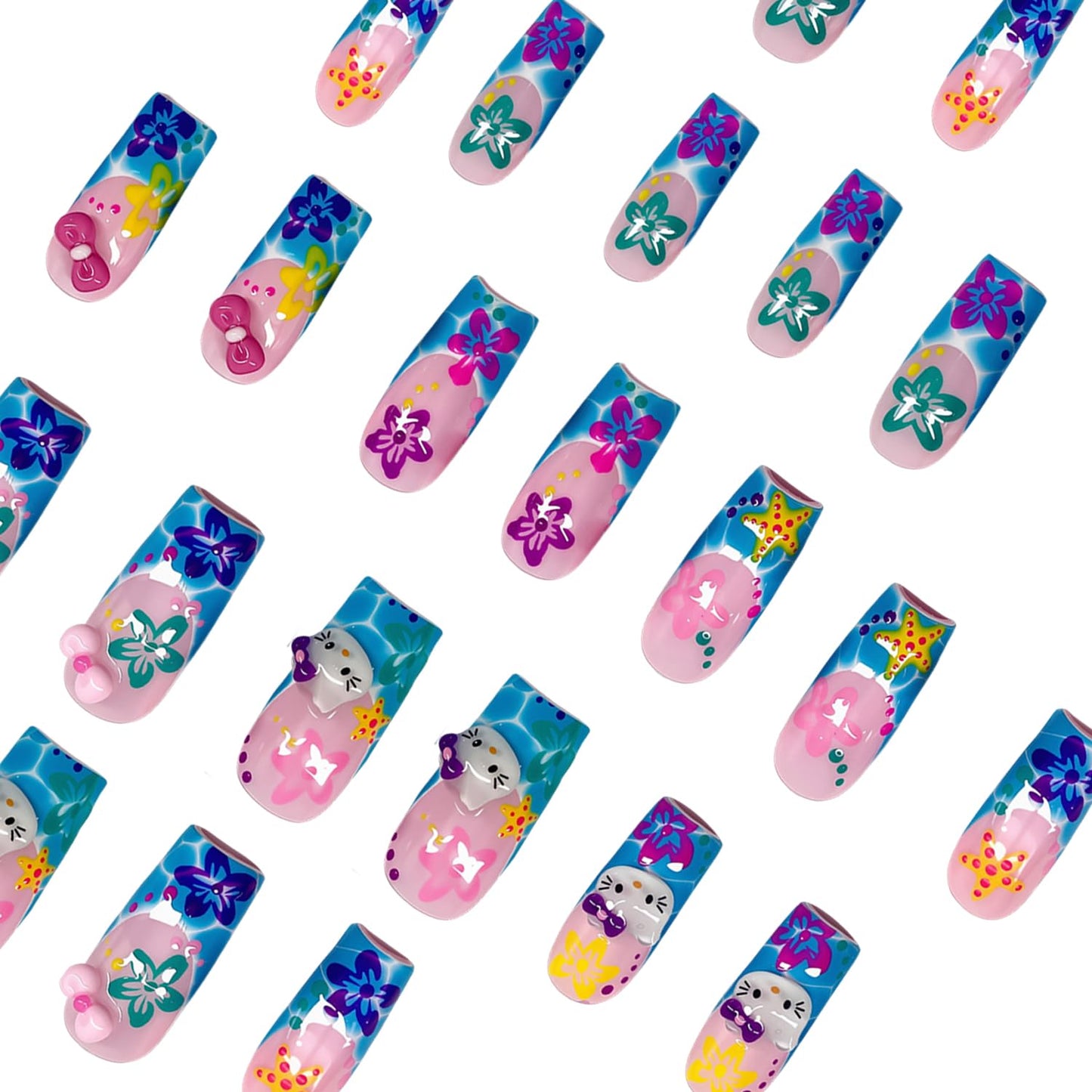 24Pcs Summer Press on Nails Long Coffin Fake Nails with Cute Bow Designs Summer Beach Acrylic Nails Starfish Hibiscus Flower Acrylic Nails Cute Cartoon French Tip Full Cover Glue on Nails for Women