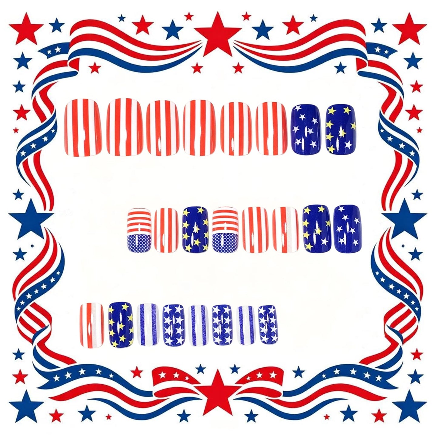 4th of July Press on Nails Medium Length Acrylic Nail Red White Lines with Color Stars Glitter Fake Nails Square Shaped Independence Day Press Ons Artificial Fingernails for Women Holiday Manicure