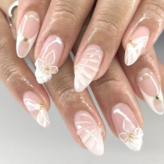French Tip Press on Nails Medium Almond Glossy Solid Color Fake Nails Flower Design French Nails Full Cover False Nail Glue on Artificial Nail Nude Pearl Stick on Nail for Women Decor 24Pcs