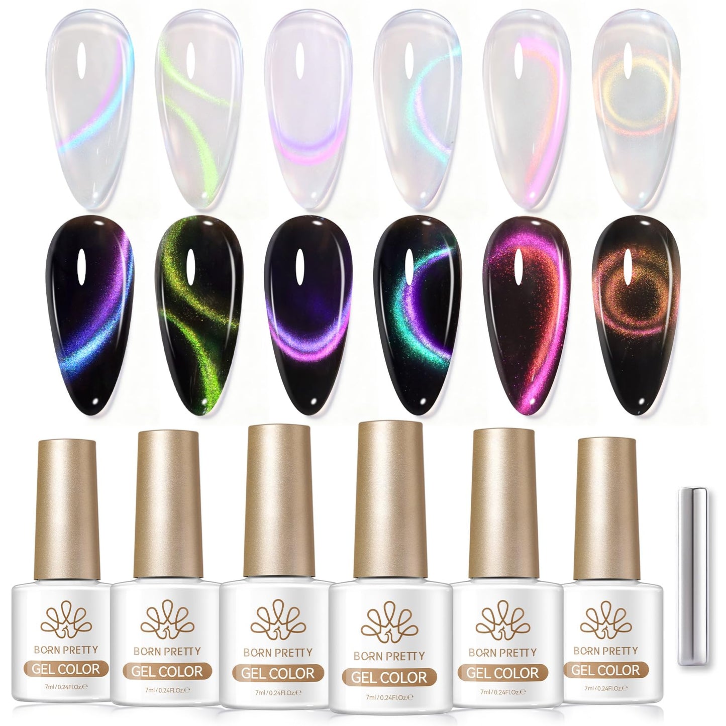Born Pretty Cat Magnetic Eye Gel Nail Polish Set,6 Colors Glitter Blue Tears Mermaid Holographic Translucent Magnetic Gel Polish, Soak Off U V Gel for Manicure Salon DIY