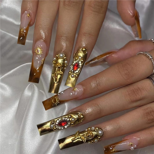 BABALAL Baroque Press On Nails, Extra Long Square Fake Nails with Gold & Red Gem, Tortoiseshell Ombre Acrylic Stick On Nails for Women 24Pcs