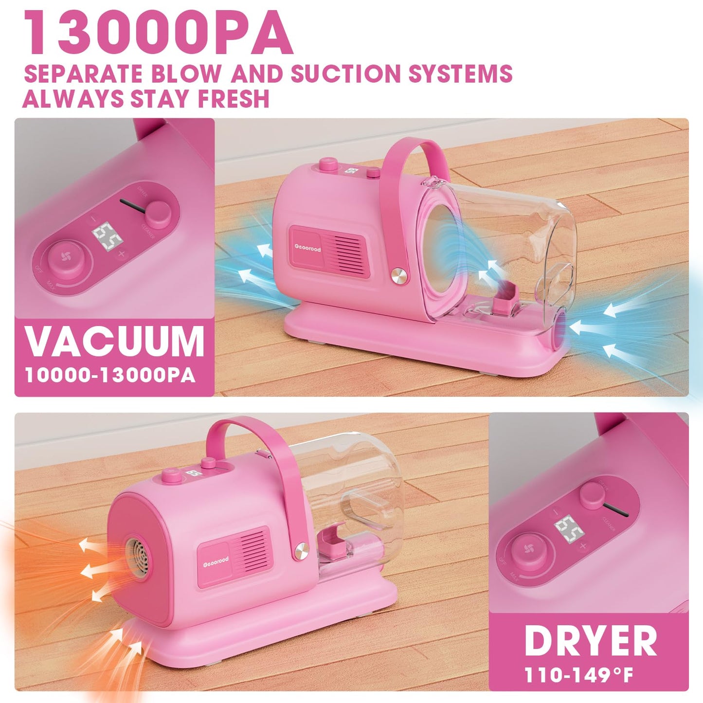 geoorood Dog Grooming Vacuum and Dryer Kit, Blower for Pet Vacuum Grooming 7 in 1 with Clippers for Dogs Hair Shedding Brush Remover Tools at Home Pink