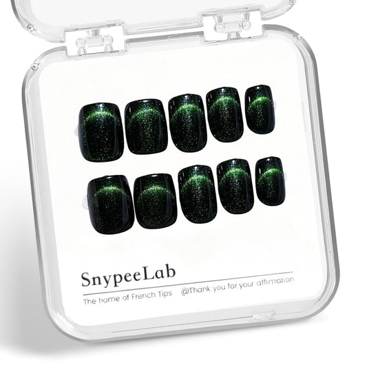 SnypeeLab Press on Nails Short Square, Green Cat Eye Nails, Glue on Nails Short, Football Nail, French Tip Smile Line Cat Eye Nails, Reusable, Acrylic 30Pcs(Green)