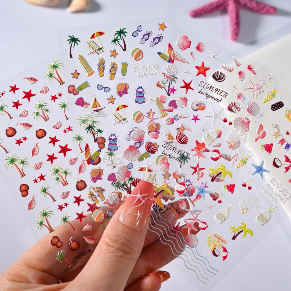 Teilihai 4 Sheets 5D Embossed Ocean Style Nail Art Stickers Starfish Seashell Design Nail Stickers Coconut Tree Nail Art Decals for Nails Decoration, Self Adhesive Nail Supplies for Women and Girls