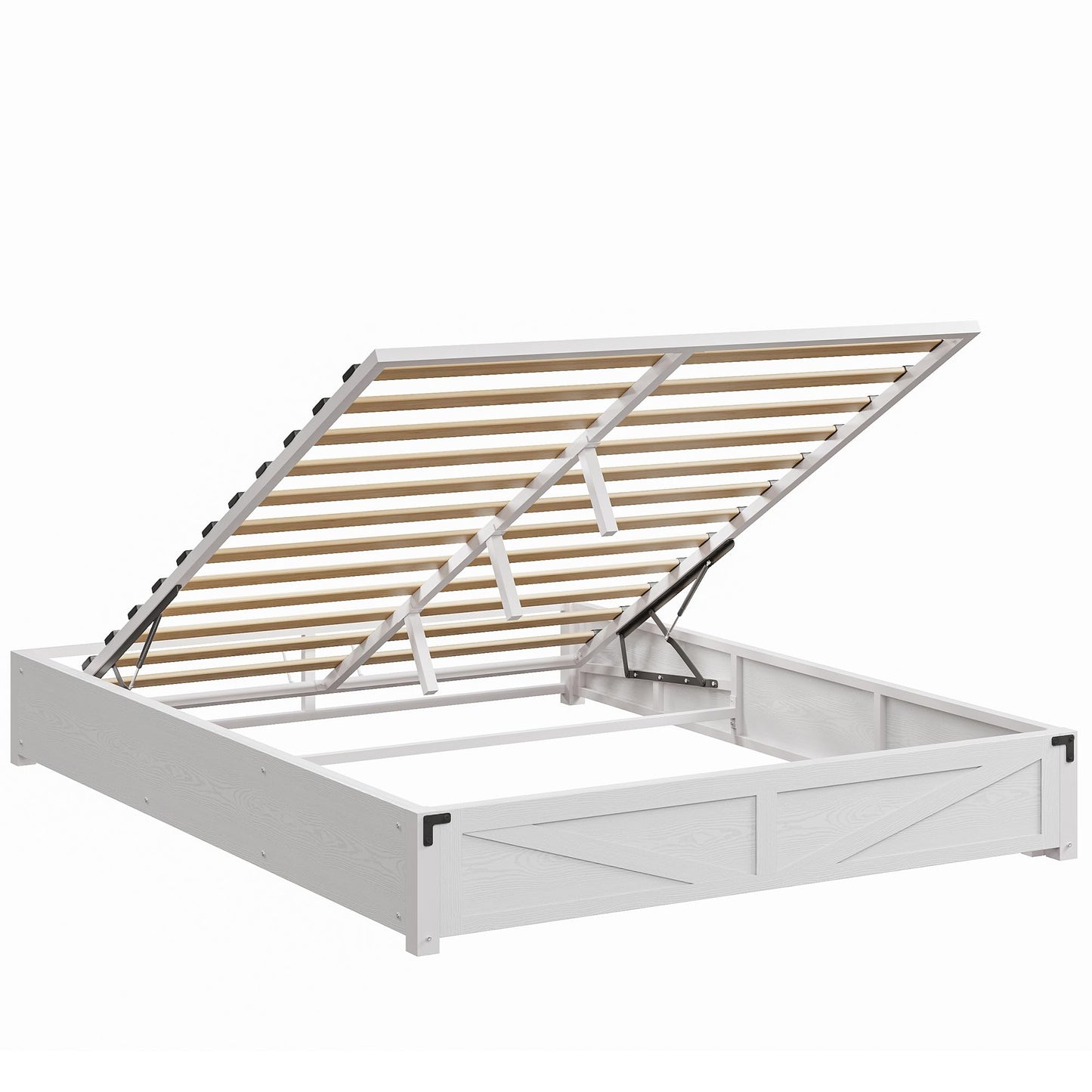 LIKIMIO Platform Queen Size Bed Frame, Farmhouse Bed Frames with Lift Up Storage, Wooden Slats, Sturdy and No Noise, Easy Assembly, White