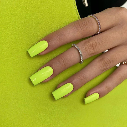 KQueenest Neon Green Press on Nails Medium Long Square, Gloss Solid Color Full Cover Medium Fake Nails Nails Press Ons, Natural Acrylic Glue on Nails For Women, Gel Square Tip Nails Set, in 24 Pcs