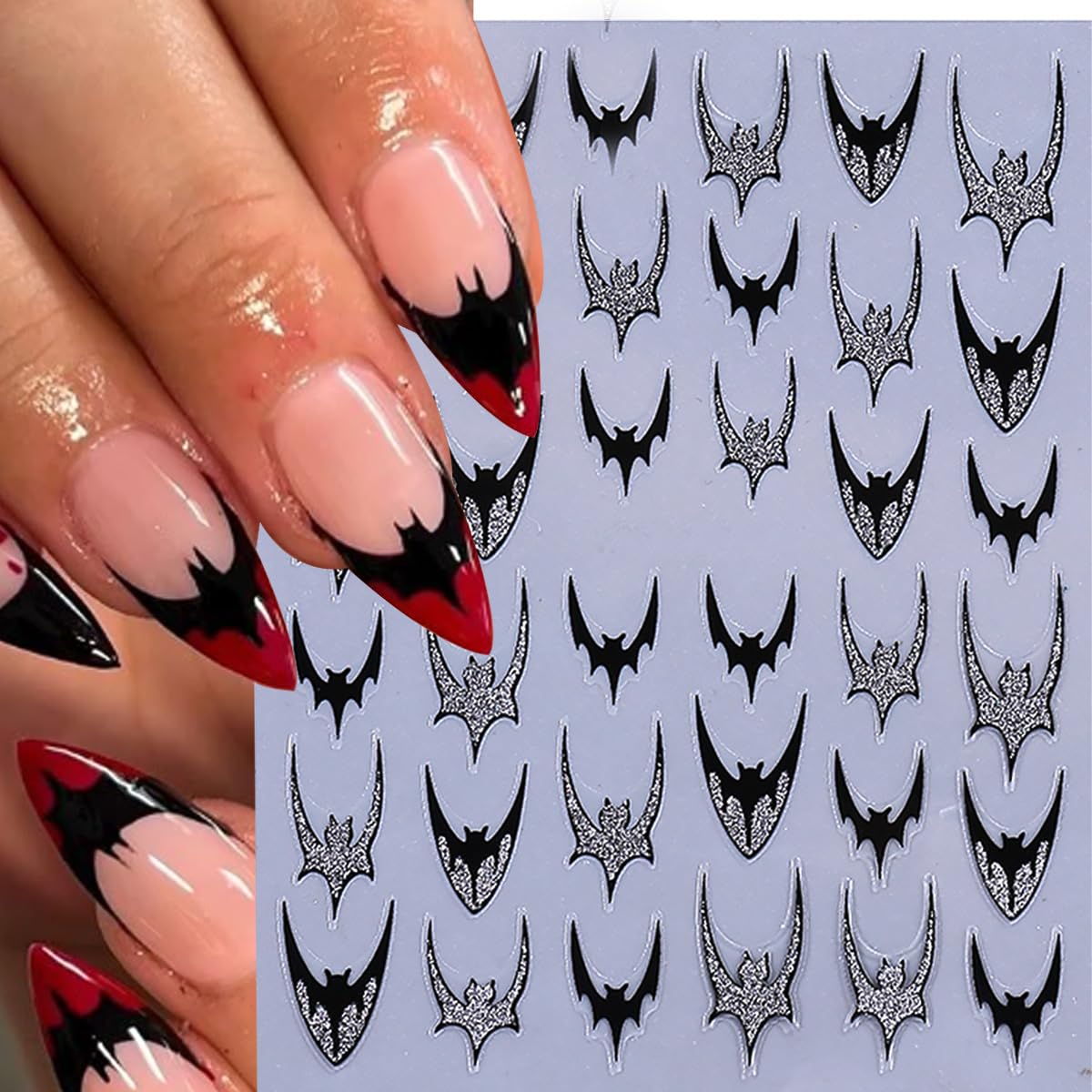 6 Sheets Halloween Bat Nail Stickers for Nail Art 3D Self Adhesive Gothic Bat Nail Decals with Exquisite Gold Silver Glitter French Nail Designs Stickers Holiday Decoration Nails Supply for Women DIY