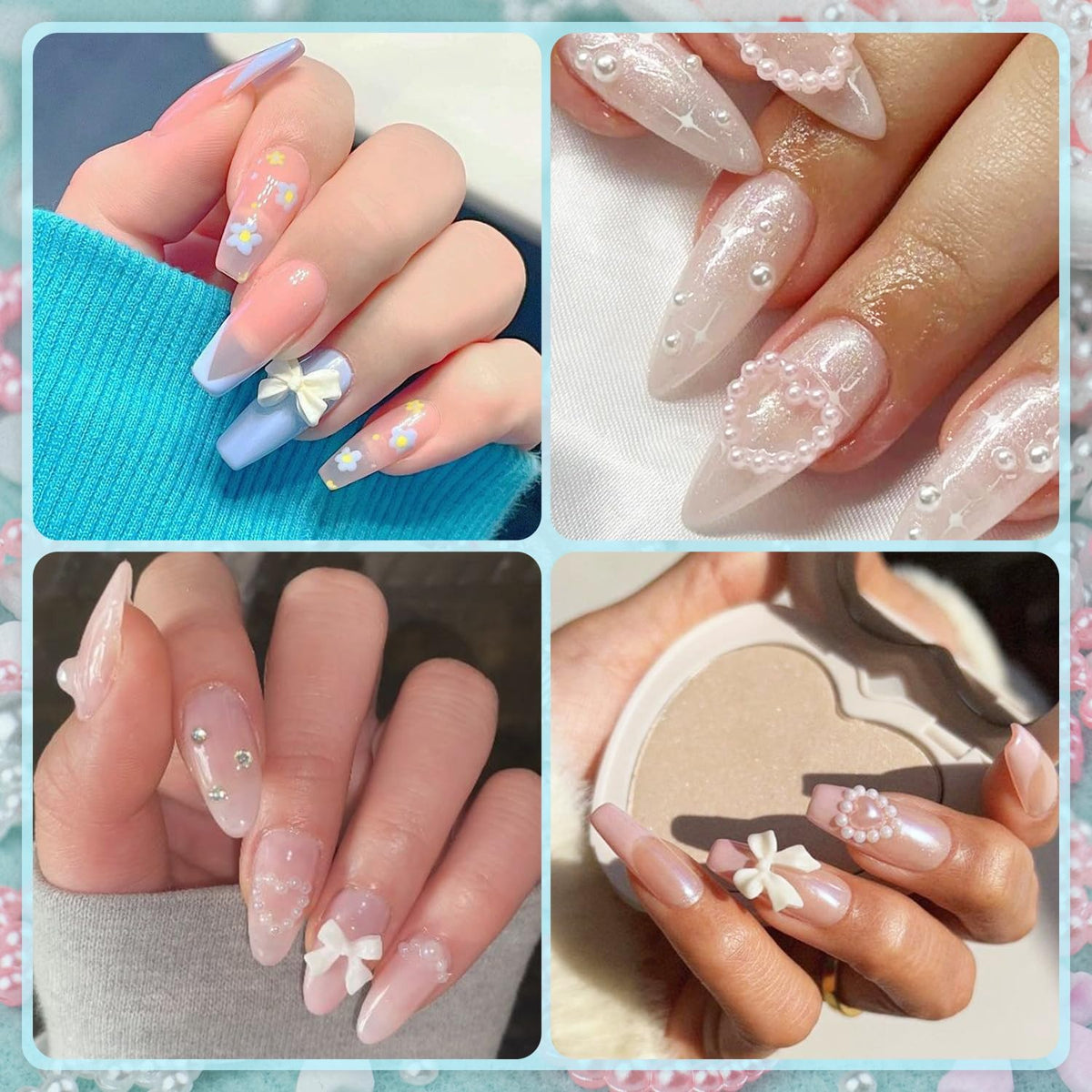 1200Pcs 3D Multi Shapes Nail Charms and Flatback Pearls, White&Pink Mix Styles Heart Star Bow Sunflower Embellishments for Nail Art, Craft and Decoration with Tweezer and Pickup Pencil