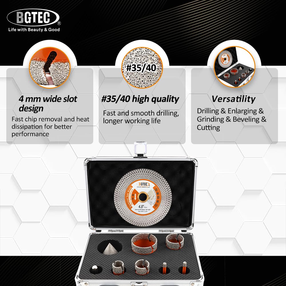 BGTEC Diamond Hole Saw Kit - 9PCS 6/6/20/25/35/50mm Drill Bits + 50mm Chamfering Bit + Adaptor + 115mm Tile Blade for Porcelain Tile Ceramic Granite Marble Stoneware