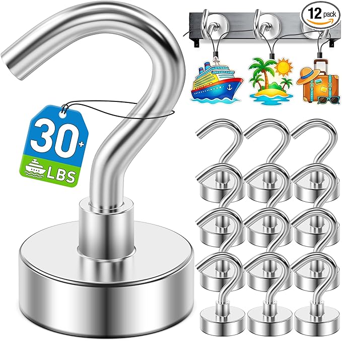 12 Pack Magnetic Hooks for 2026 Cruise Cabins Beach Vacation 30lbs+ Heavy Duty Magnet with Hook Metal Magnetic Hooks for Kitchen Fridge Grills Hanging Magnet Hooks for Classroom Locker Whiteboard