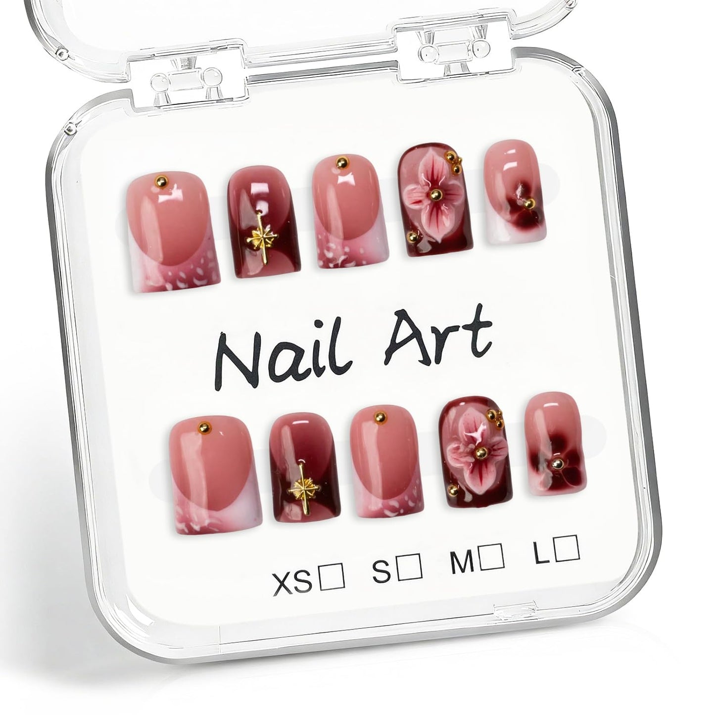 Handmade Press on Nails Square False Nails with 3D Flower & Golden Steel Designs Thicked Fake Nail Gradient Full Cover Muti-Layer Gel Acrylic Nails Red French Tip Stick on Nail for Women (S)