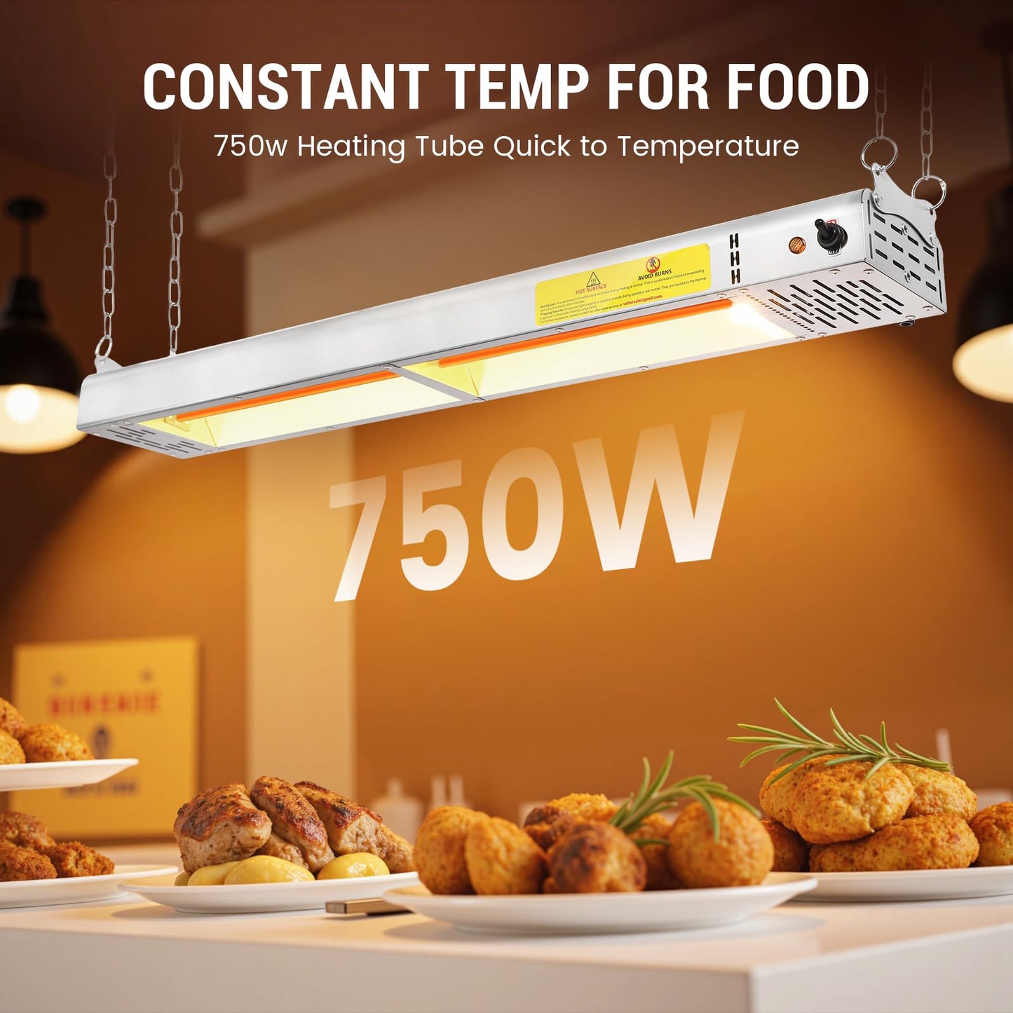 Hiteemer 24-Inch Food Heat Lamp, 750W Commercial Food Warmer Electric Strip Heater Overhead Stainless Steel Catering Heating Lamp for Buffet Restaurant Parties Kitchen, Silver 115V