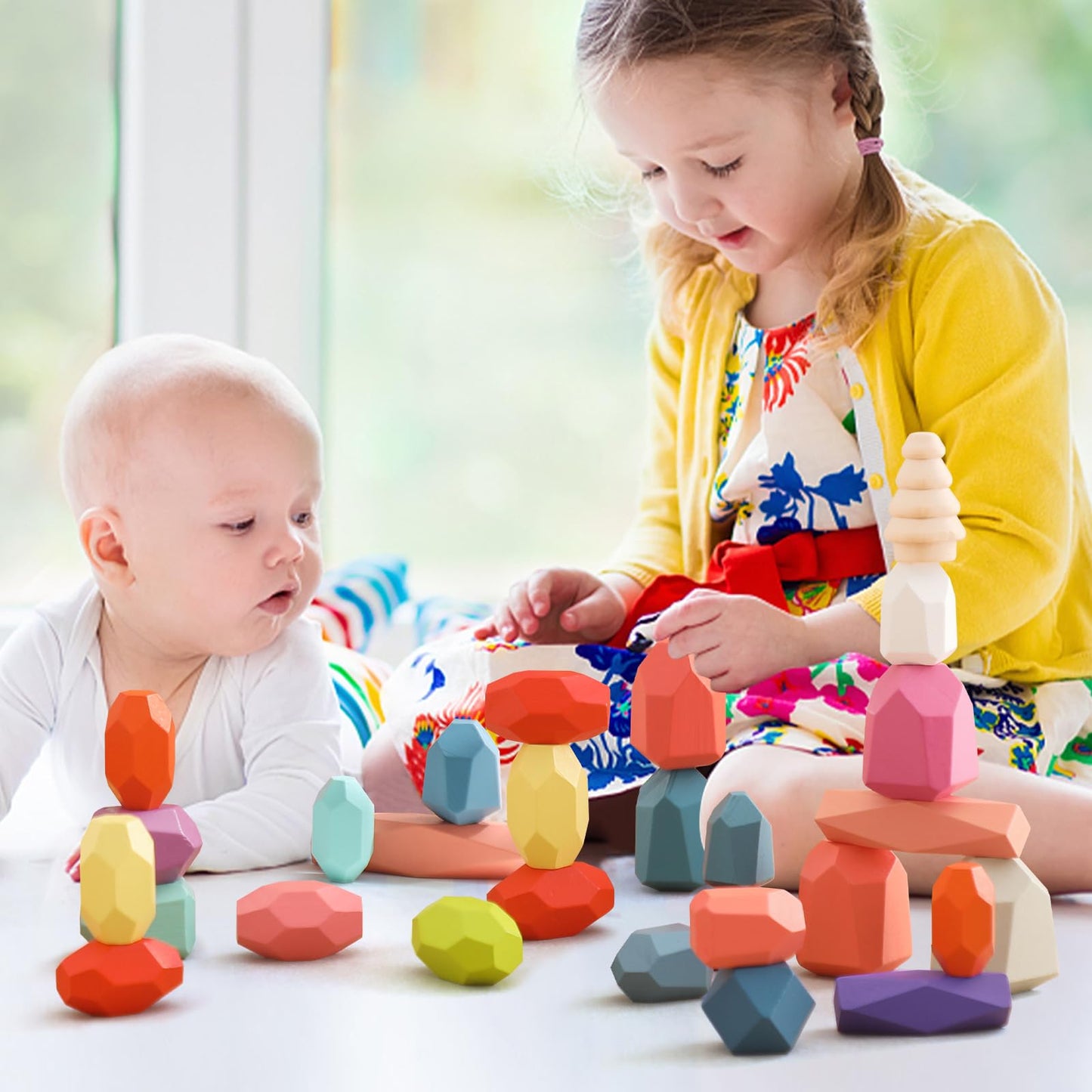 OESSUF Stacking Rocks 48Pcs Stacking Blocks Balancing Stacking Stones Wooden Building Toys Wood Stone Stacking Game for Toddler Sorting Preschool Educational Montessori Stacking Rocks for Kids