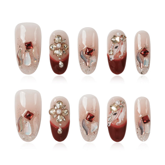 Tesytto Handmade Press on Nails Medium Almond, Luxury 3D Rhinestone Crystal Flower & Red Gem, Nude Burgundy Ombre Glitter Fake Nails with Pearl Aurora Shell Design (Crimson Crystal Butterfly Glow,S)