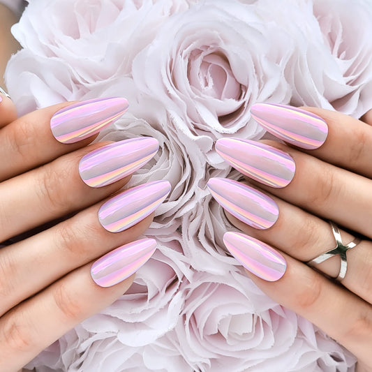 Hypnaughty 24 Pcs Light Pink Almond Chrome Luxury Press On Nails and Glue Reflective Medium Long Pointed False Nails (Light Pink Almond Chrome)