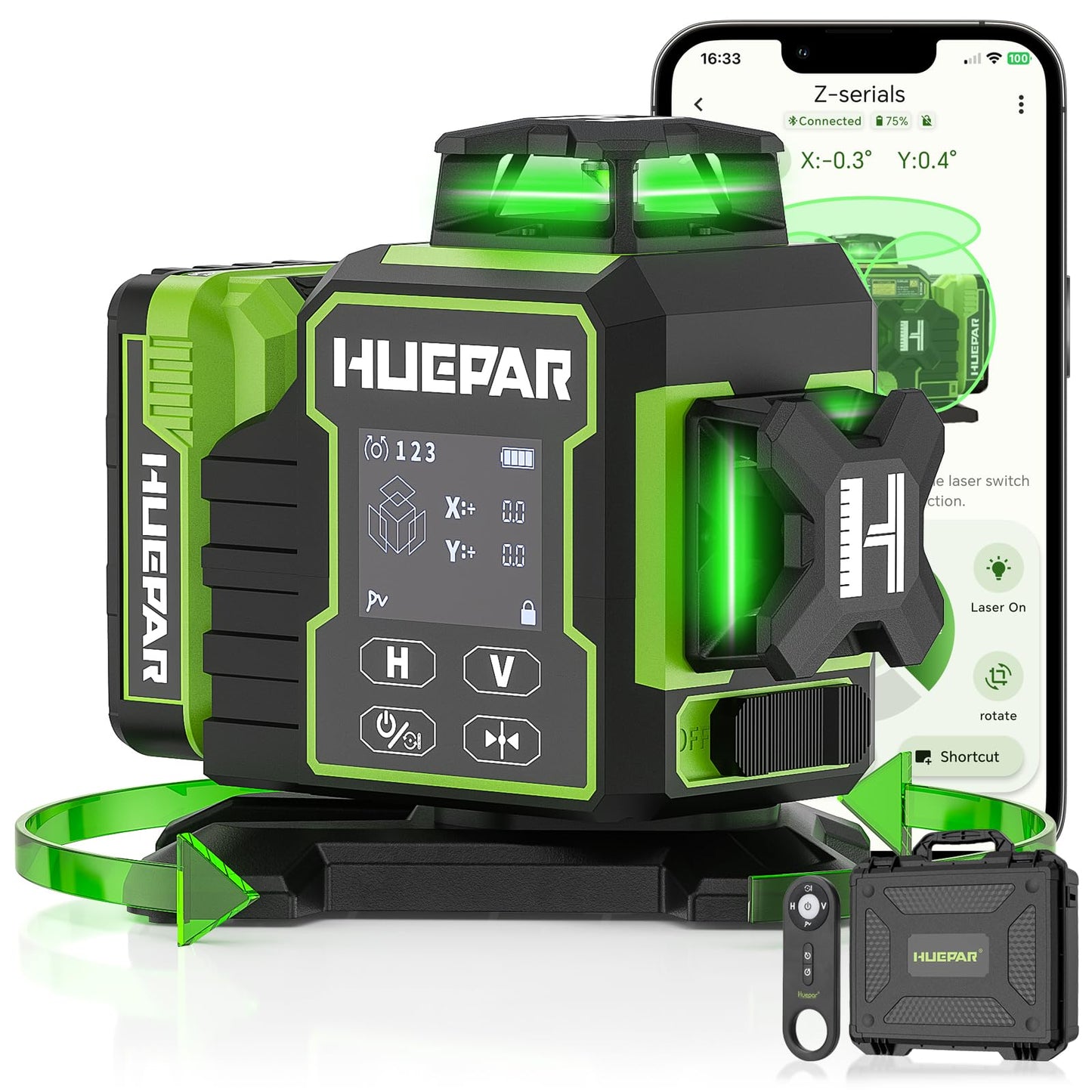 Huepar W03CG Bluetooth Laser Level 3x360 Self Leveling, 3D 12 Lines with Electric Rotating Base＆Large LCD Screen, 3 Planes Green Lazer Leveler Tool for Construction, Ceiling,Tiling, Framing, etc.