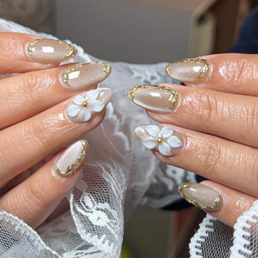 Spring Press on Nails Medium Almond Fake Nails With 3D Floral Design Gold Cat Eye False Nails Press ons White Flower Summer Glue on Nails Full Cover Stick on Nails for Women 30 Pcs