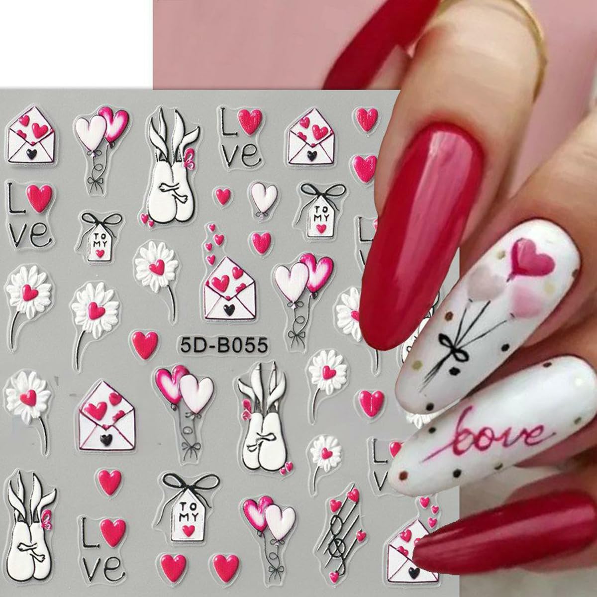 Valentine’s Day Nail Stickers for Nail Art, 5D Embossed Love Heart Nail Decals 2PCS Red White Pink Heart Envelope Rose Balloons Self-Adhesive Valentines Nails Design Manicure Accessories for Women