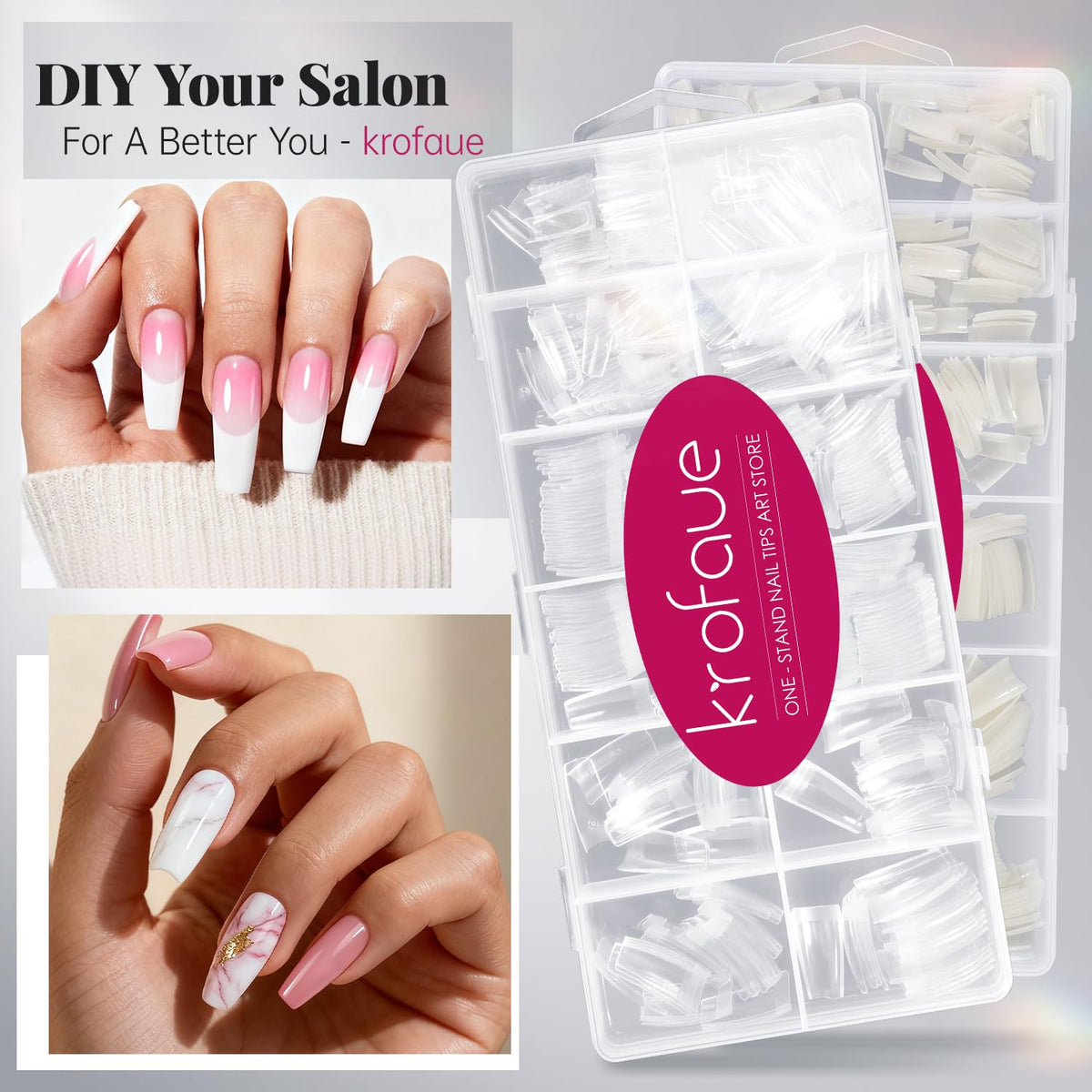 krofaue French Nail Tips 1008 Pcs, Clear Soft Gel Half Cover False Nails with 12 Sizes, Salon Quality Nail Extension Tips for DIY Nail Tips Art at Home for Women and Beginners (Clear & Natural)