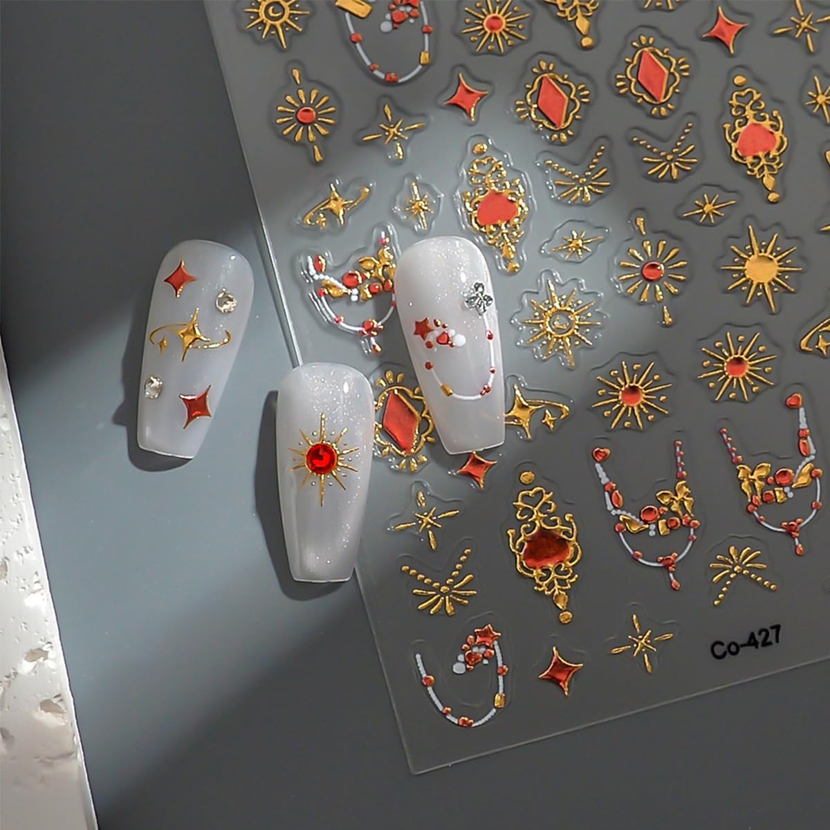 标题： 5D Embossed Bohemia Nail Sticker Self-Adhesive Star Nail Art Stickers Golden Stars Moon Sun with Diamond Design Bohemian Style Nail Art Supplies Gold Nail Decals for Women Manicure Decorations DIY