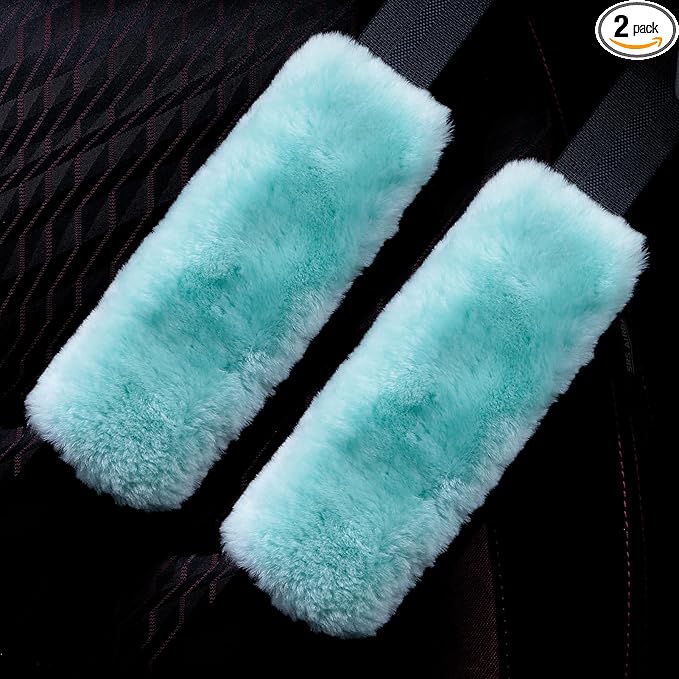 OGLAND 2 Pack Natural Fur Comfort Auto Authentic Sheepskin Car Seat Belt Pads for Adults, Soft Texture Shoulder Neck Cushion Pad Protector, Genuine Australia Merino Wool Cover (Mint Green)