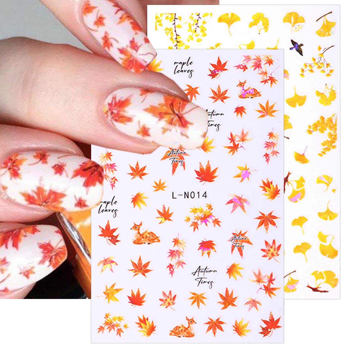 6 Sheets Fall Nail Art Stickers 3D Autumn Leaves Nail Decals Self-Adhesive Autumn Nail Art Supplies Thanksgiving Apricot Leaves Pumpkin Design Nail Stickers for Women Nail Decorations Accessories