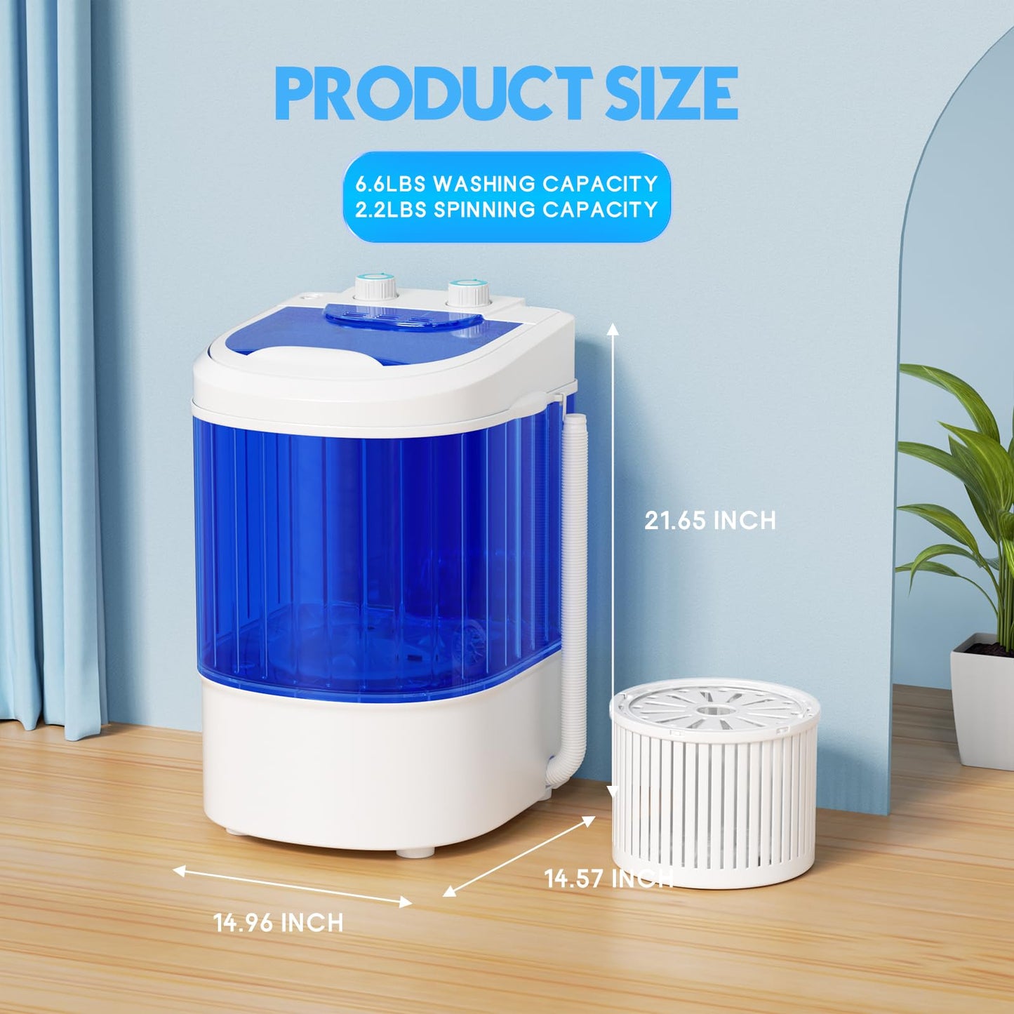 Superday 11LBS Portable Washing Machine, Single Tub Compact Washing Machine with Spin Cycle& Blue Light, Mini Washing Machine for Shoes&Clothes, Portable Washer for Home, Apartments, Outdoor, RV, Blue